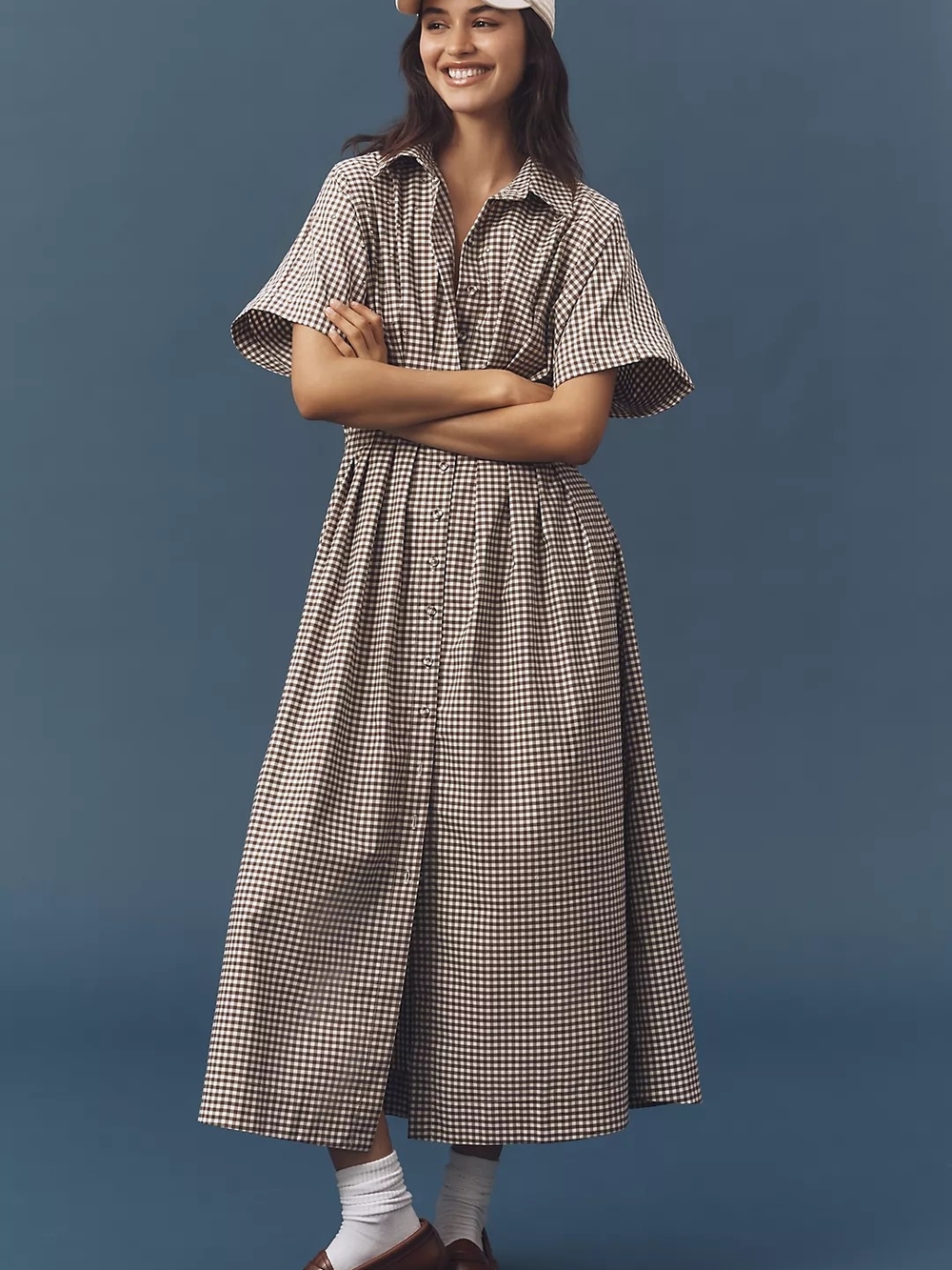 Gingham Button-Front Midi Dress in Brown/White Exquise For Anthropologie
